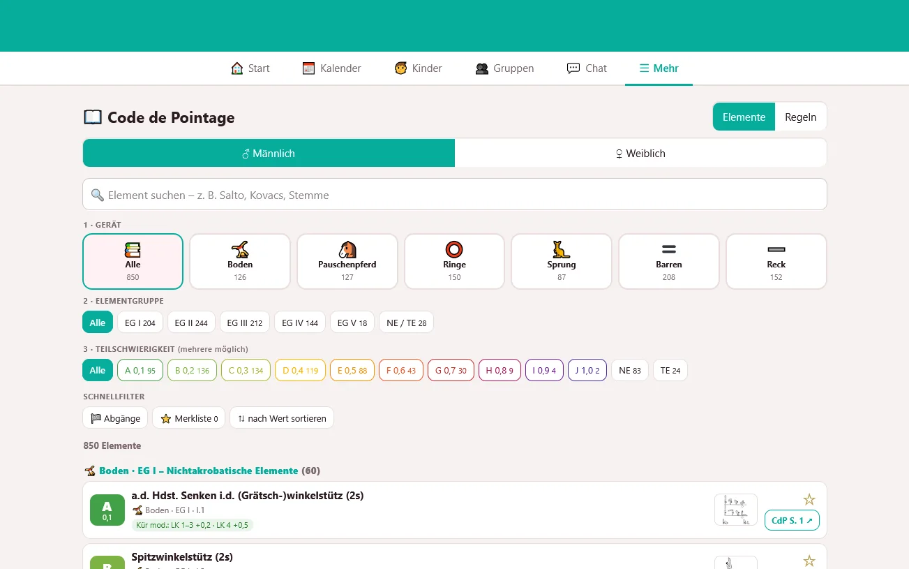 Turnmanager: Elementkatalog nach Code de Pointage