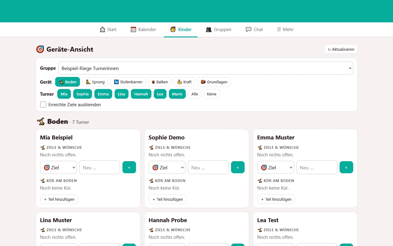 Turnmanager: Ziele und Kür je Kind und Gerät