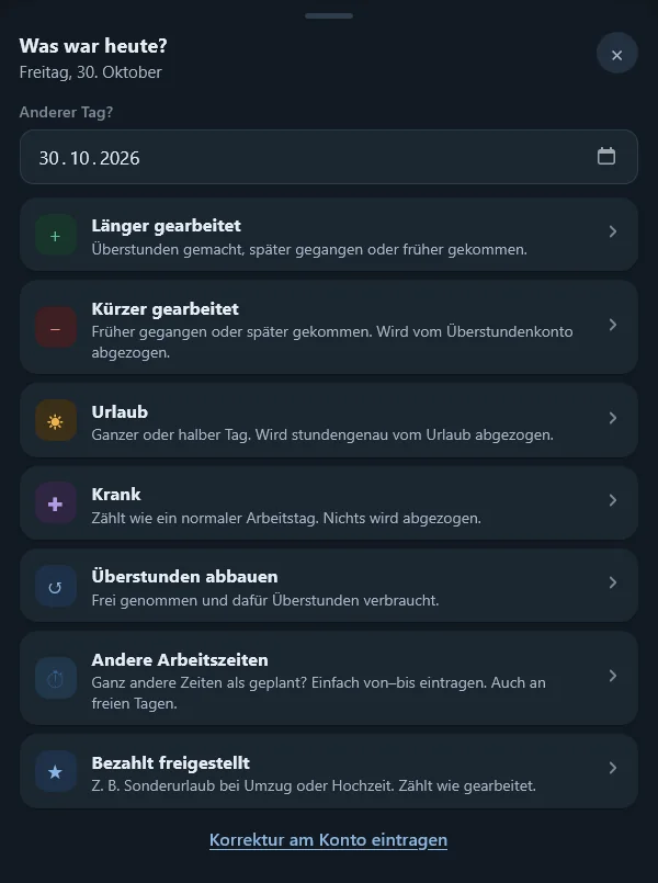 Zeitkonto: Eintragen, was heute anders war